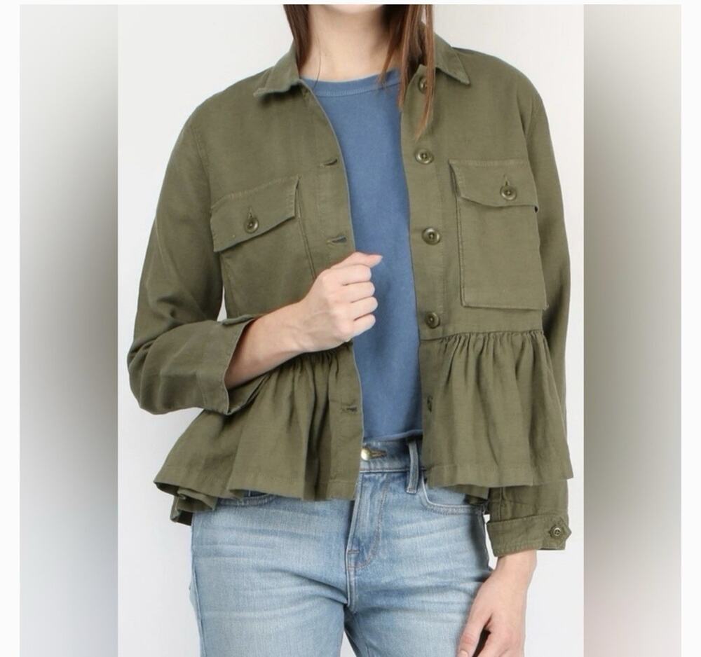 THE GREAT. Ruffle Army Jacket in Olive - Size 2